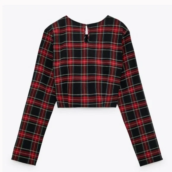 β€οΈ ZARA RED BLACK PLAID LONG SLEEVE CROP TOP! - Picture 13 of 13